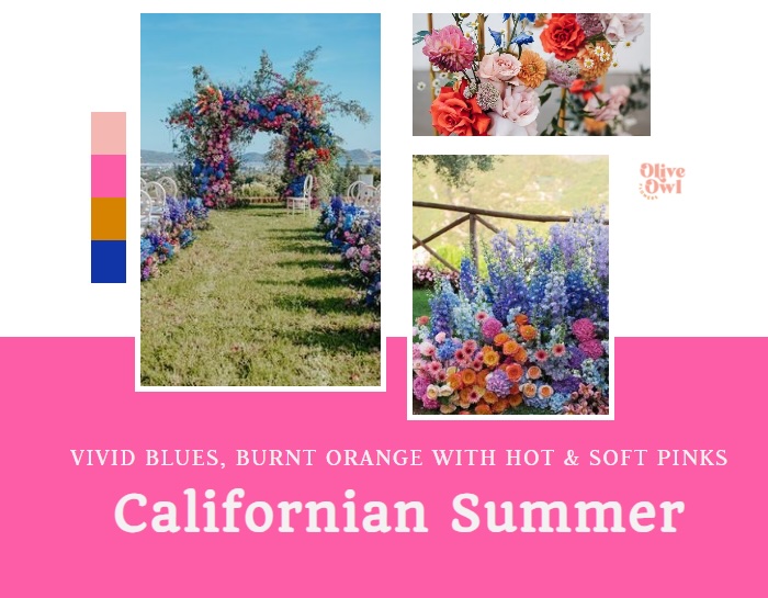 Bright and vibrant colour palette graphic with 3 photos of flowers in blue and orange tones