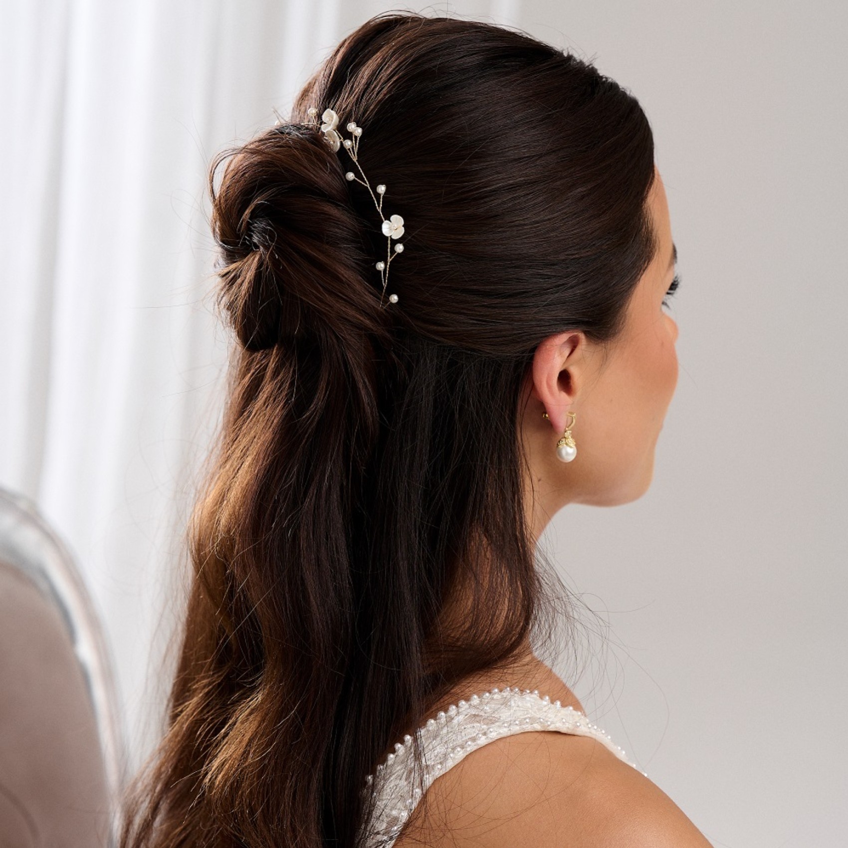 Boho bridal accessory with flowers and pearl sprigs in gold, by Ivory and Co