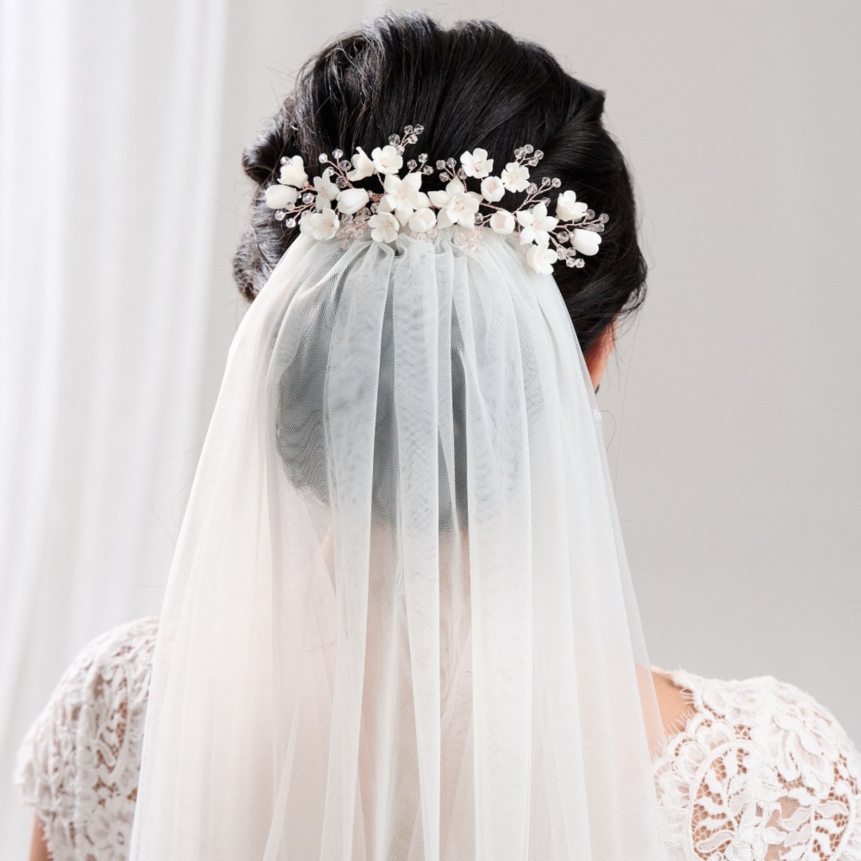 Rose gold boho style hair comb with porcelain flowers