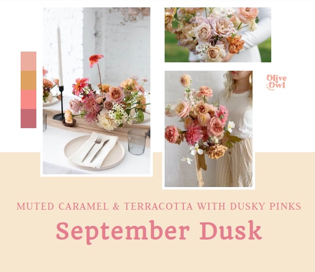 Soft muted pink flowers shown in three photos to illustrate a September dusk colour palette for weddings