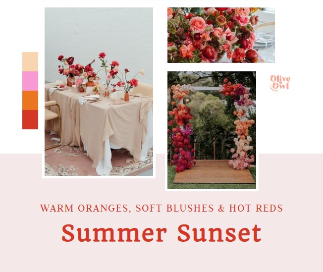Graphic showing 3 pictures of wedding flowers in warm oranges, soft blushes and hot reds